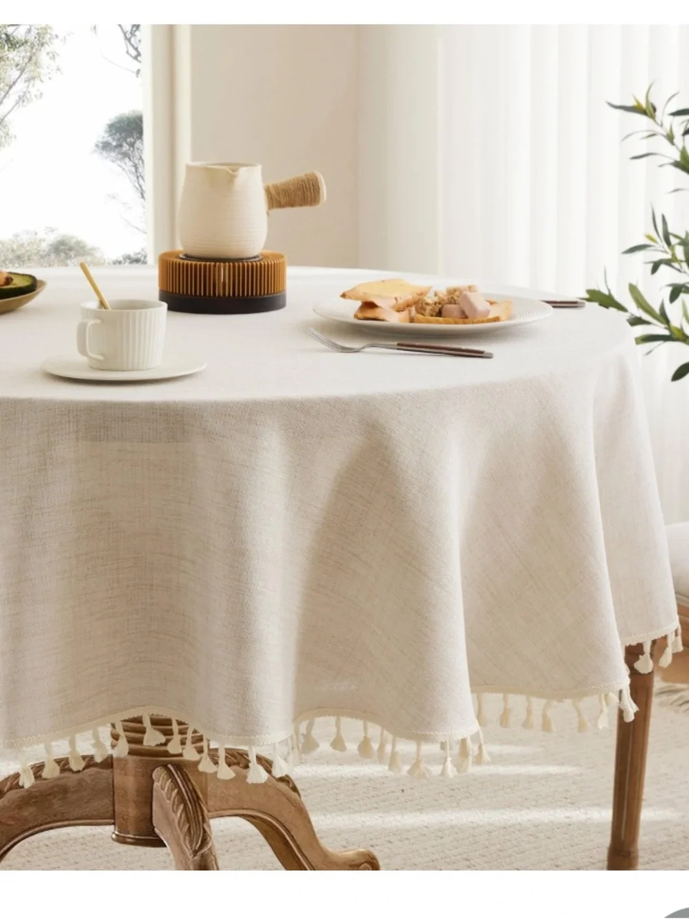 Farmhouse Linen Cotton Tablecloth with Tassel Trim Water-Resistant 60” Round